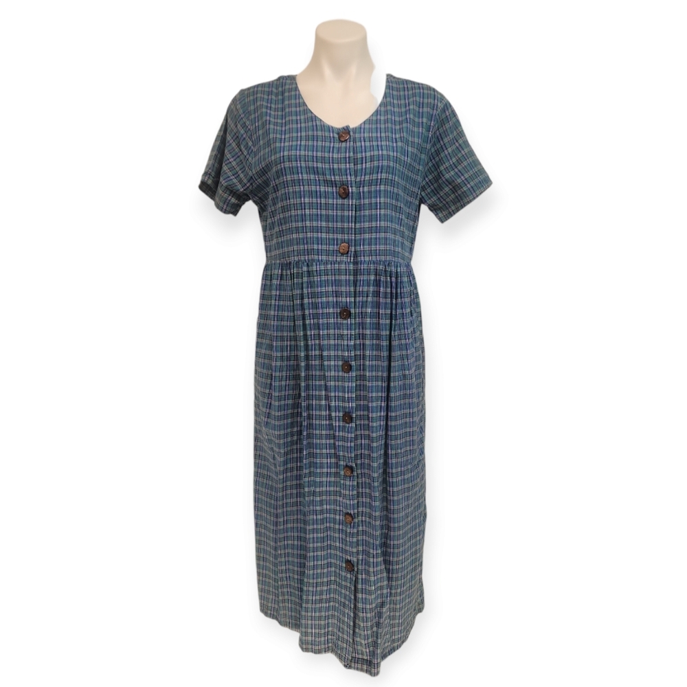 Vintage Modest Checkered Cotton Midi Dress
